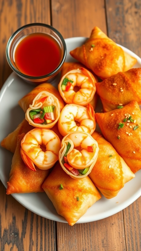 Crispy Air Fryer Shrimp Rolls Recipe Crispy air fryer shrimp rolls on a plate with dipping sauce, garnished with sesame seeds and herbs.